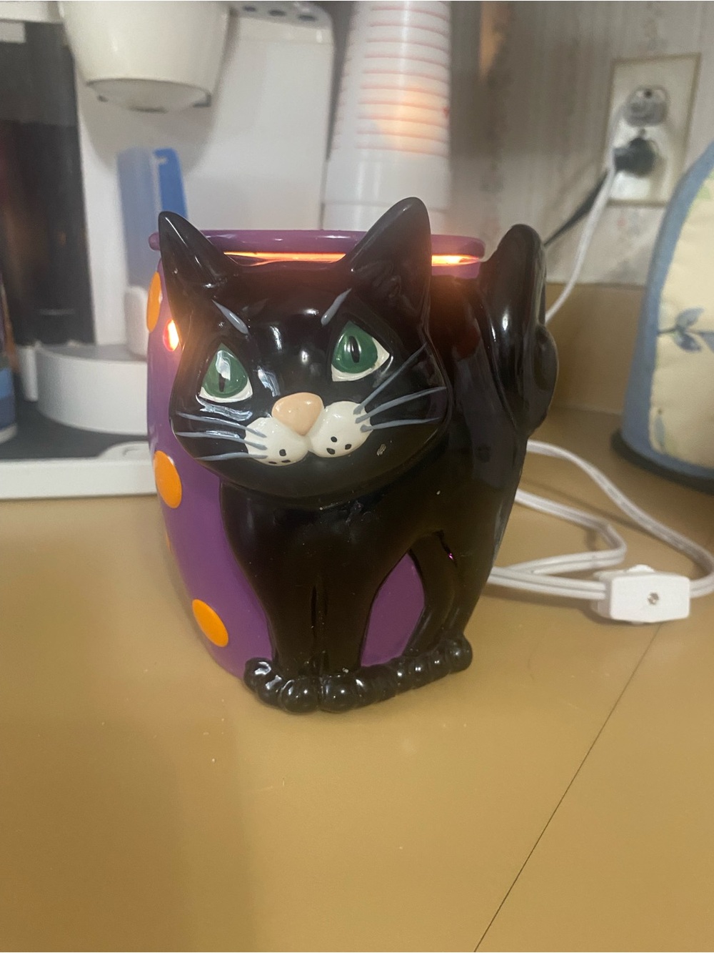 Black Cat Ceramic Wax Warmer in Purple with Orange Accents